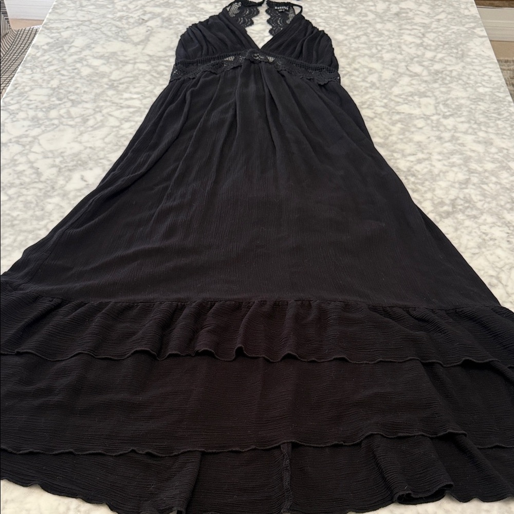 Black Lace-Detail Maxi Dress with Tiered Hem